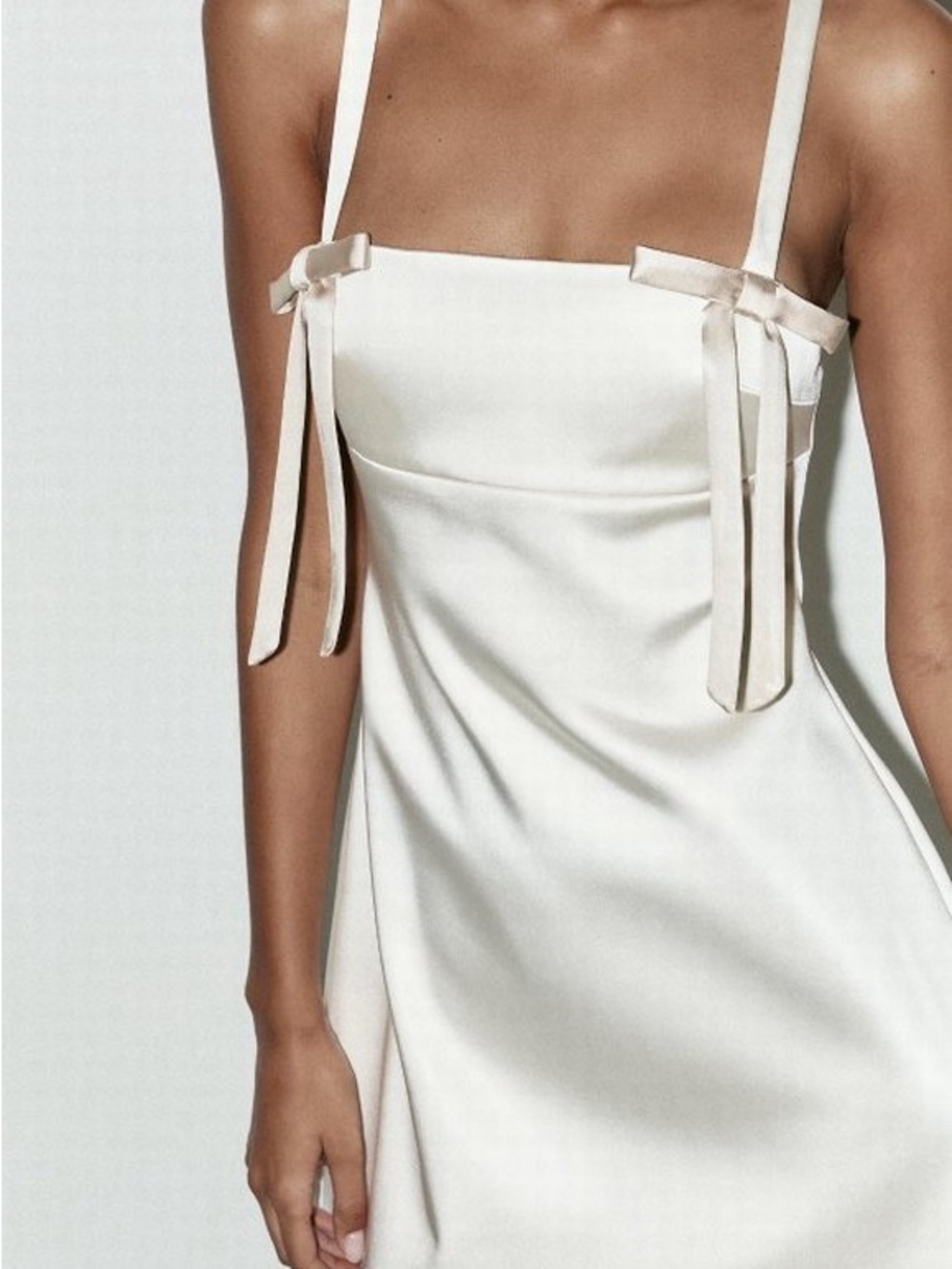 Zara White Satin Spaghetti Strap Midi Dress with Bow Detail